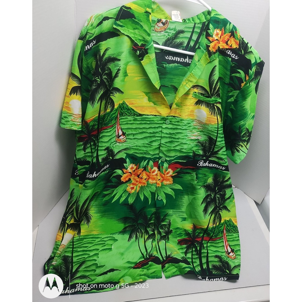 Rina Bahamas Tropical Hawaiian Shirt Mens Medium Green Terivoile Camp Sunset